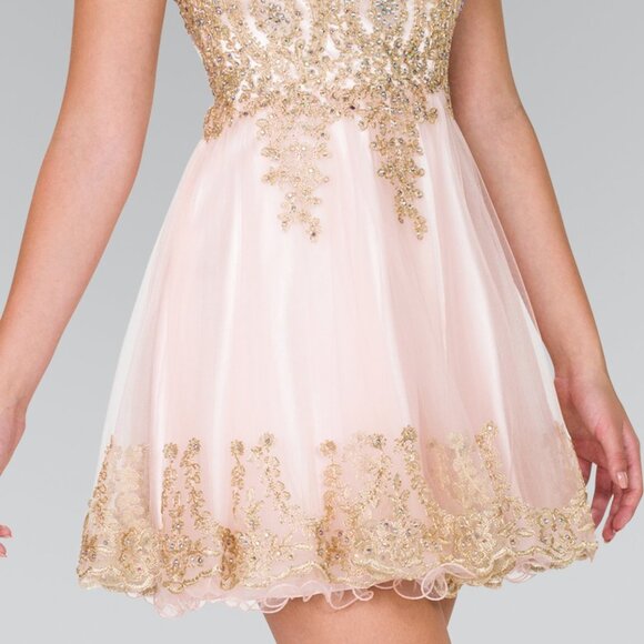 Blush Jeweled V-Neckline Evening Short Dress G2403 - Picture 5 of 6